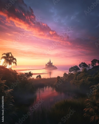 Castle on the island at sunset. Panoramic view.
