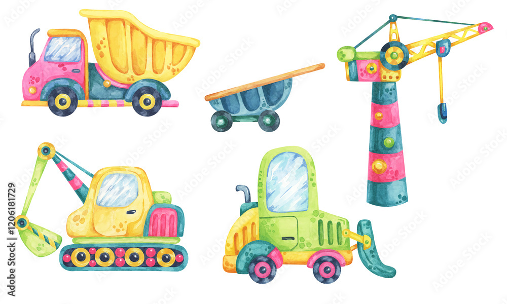 Naklejka premium Bright construction vehicles. Toy cars. Pink dump truck, green forklift, yellow excavator, and colorful crane. Kids building site watercolor clipart. Ideal for baby nursery room designs, wall stickers