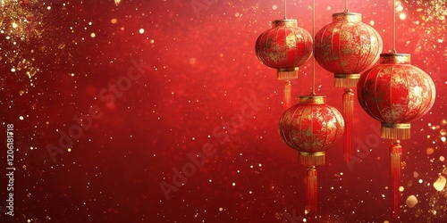 Obraz na płótnie Red Lanterns with Golden Floral Decor, Celebrating Festive New Year w salonie