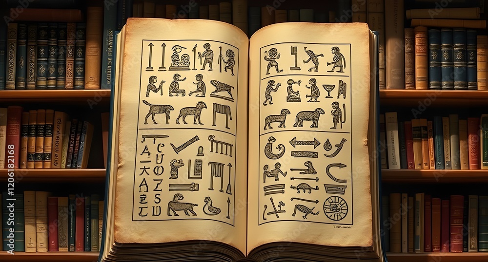 Fototapeta premium Close up view of an open book with ancient hieroglyphics, the writings of Ancient Egypt.