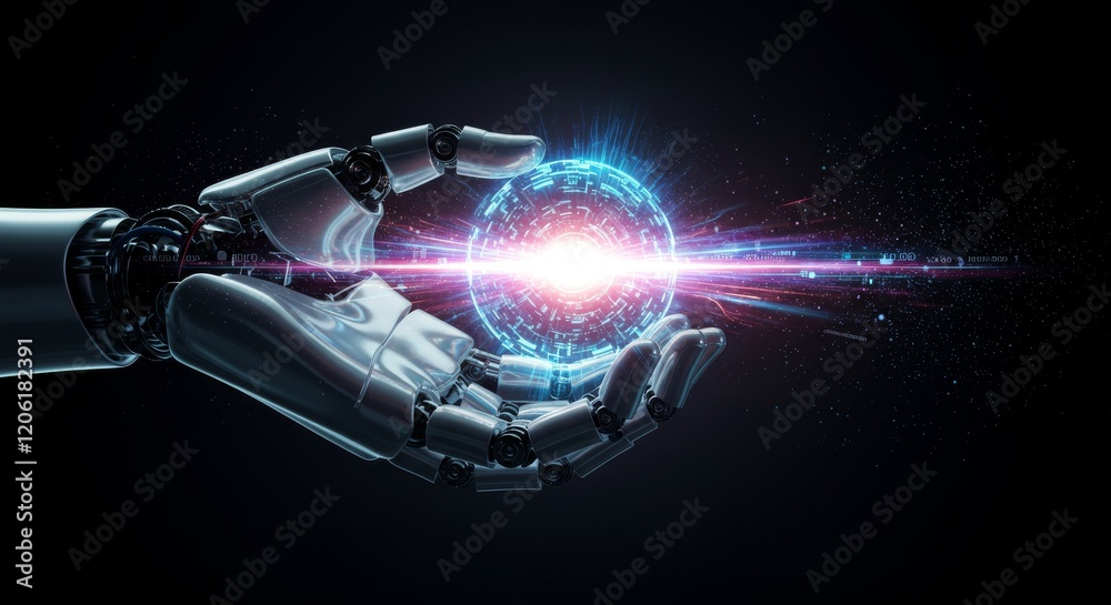 Advanced robotics technology with glowing futuristic interface and robotic hand holding digital energy sphere emphasizing innovation in ai and cybernetics Advanced robotics technology with glowing futuristic interface and robotic hand holding digital energy sphere emphasizing innovation in ai and cybernetics
