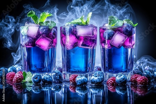 A refreshing multicolor fruit cocktail enhanced with ice, lemon, and mint, presented in a bar setting at a night club party featuring soft drinks photo