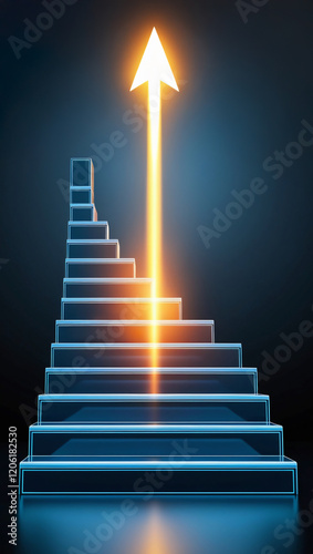 Stairway design with glowing arrow symbolizing progress and upward movement in a futuristic setting.