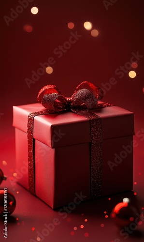 Obraz na płótnie Red Gift Box with Ribbon, A Warm Festive Atmosphere w salonie