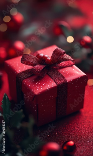Obraz na płótnie Shiny Red Gift Box, Festive Holiday Vibes w salonie