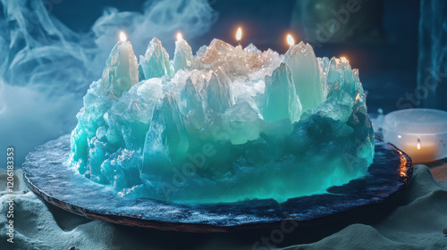 A surreal geode cake with a deep oceanic theme, showcasing turquoise, aquamarine photo