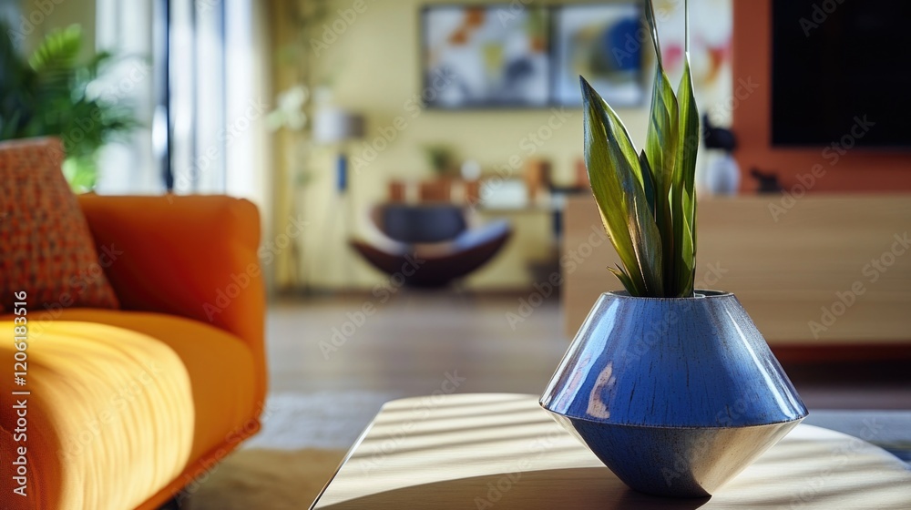 Fototapeta premium A plant in a vase on a table in a living room setting