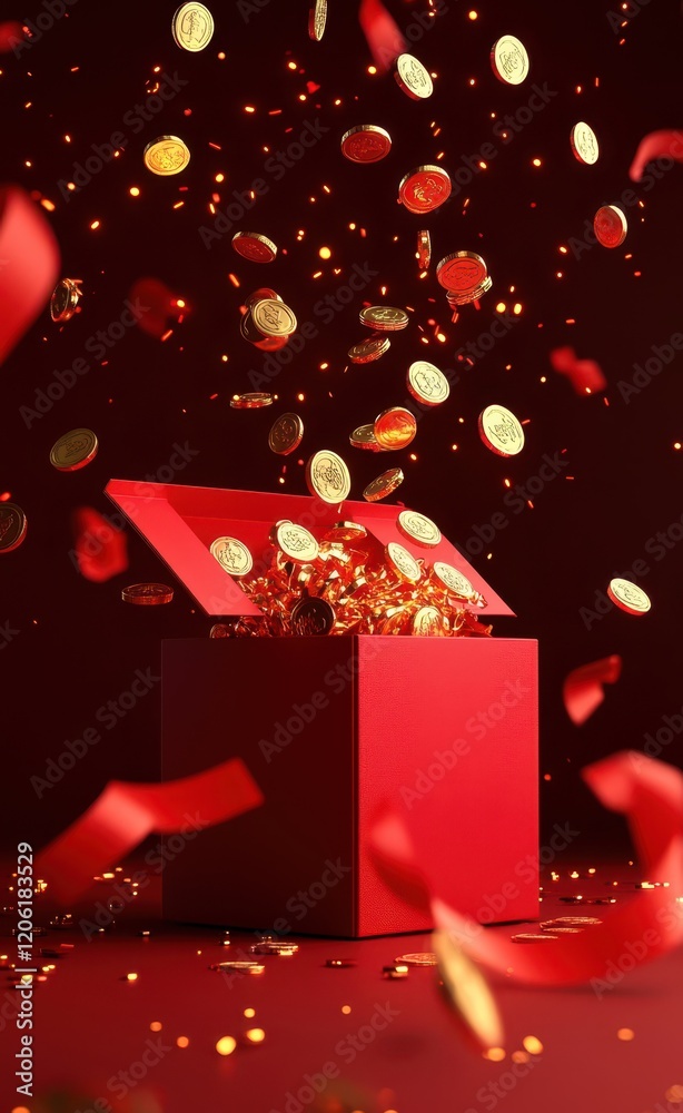 Golden Coins Pouring from Red Gift Box, Symbol of Prosperity