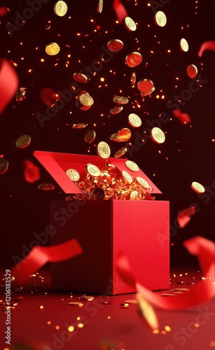 Obraz na płótnie Golden Coins Pouring from Red Gift Box, Symbol of Prosperity w salonie