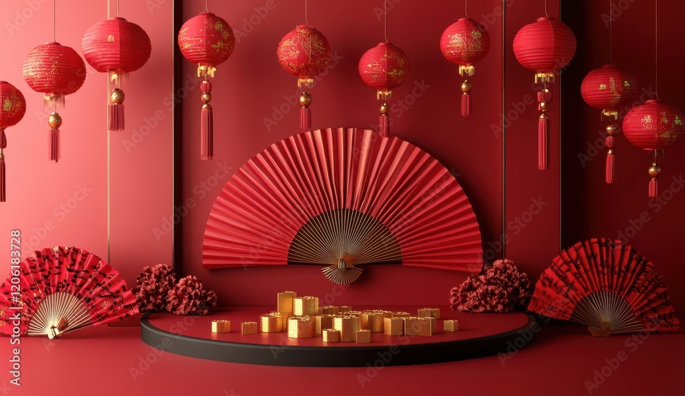 Chinese Red Lanterns with Golden Fan Stage, Traditional Festive Ambiance