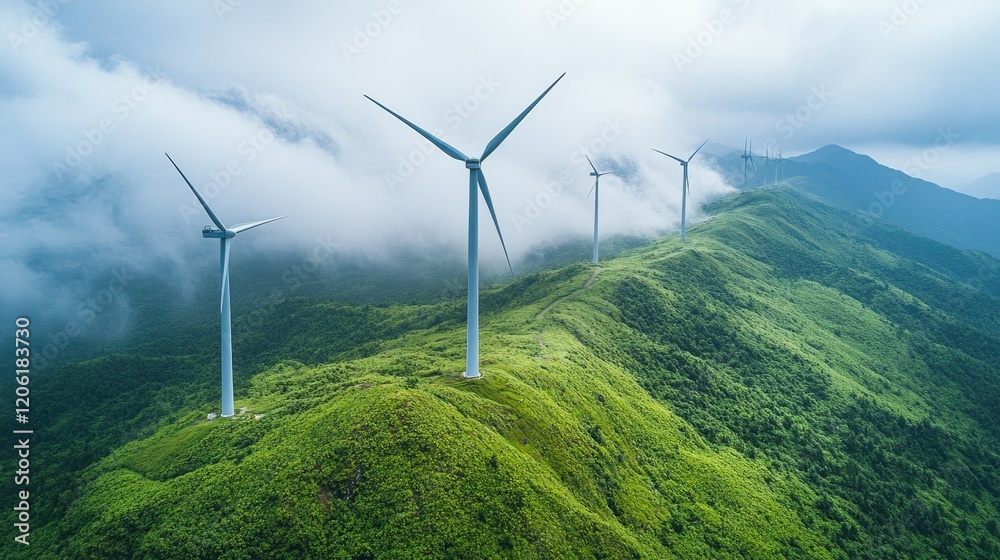 Aerial view of wind turbines on a lush green hillside surrounded by misty mountains. Aerial view of wind turbines on a lush green hillside surrounded by misty mountains.