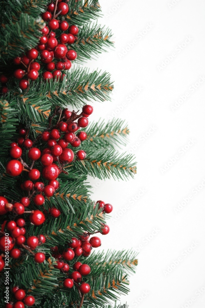 A close-up view of a decorated Christmas tree with bright red berries A close-up view of a decorated Christmas tree with bright red berries