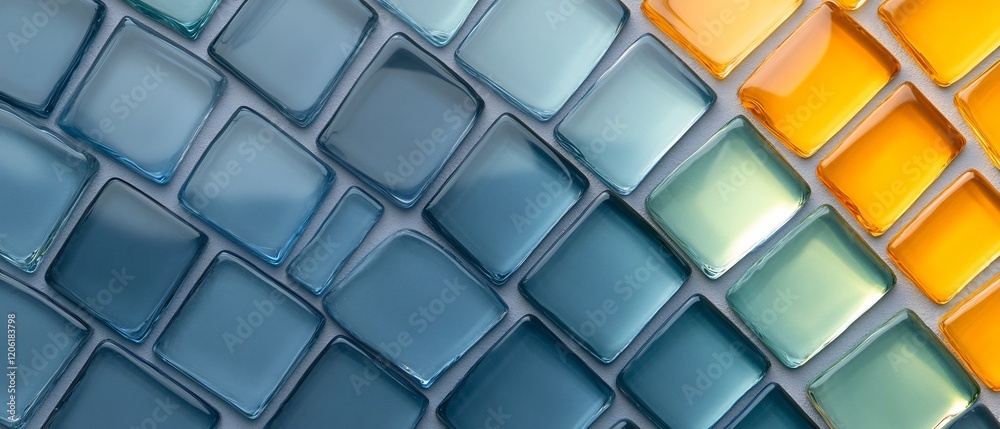 Smooth glass tiles blend subtly blue to vibrant orange creating a dynamic color gradient.. AI Generated Smooth glass tiles blend subtly blue to vibrant orange creating a dynamic color gradient.. AI Generated