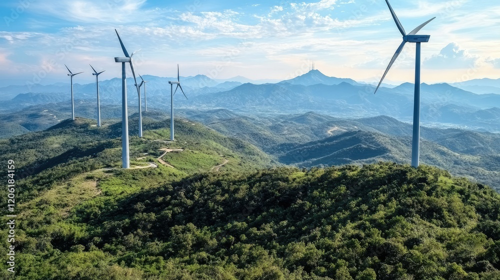 Aerial view of wind turbines on green hills under a bright sky, showcasing renewable energy resources. Aerial view of wind turbines on green hills under a bright sky, showcasing renewable energy resources.