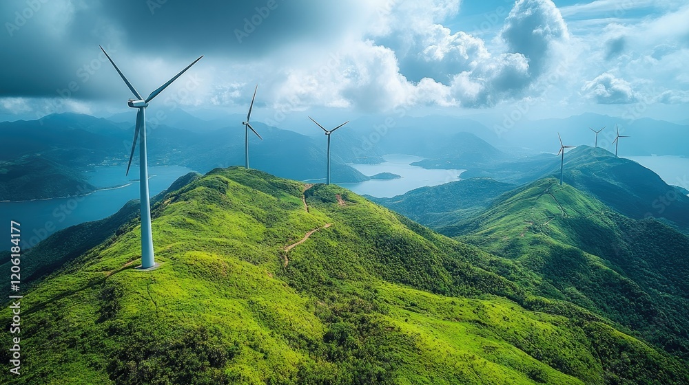 Aerial view of wind turbines on lush green hills overlooking a lake and mountainous landscape. Aerial view of wind turbines on lush green hills overlooking a lake and mountainous landscape.