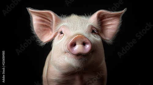 Close-up view of a pig's face on a dark background