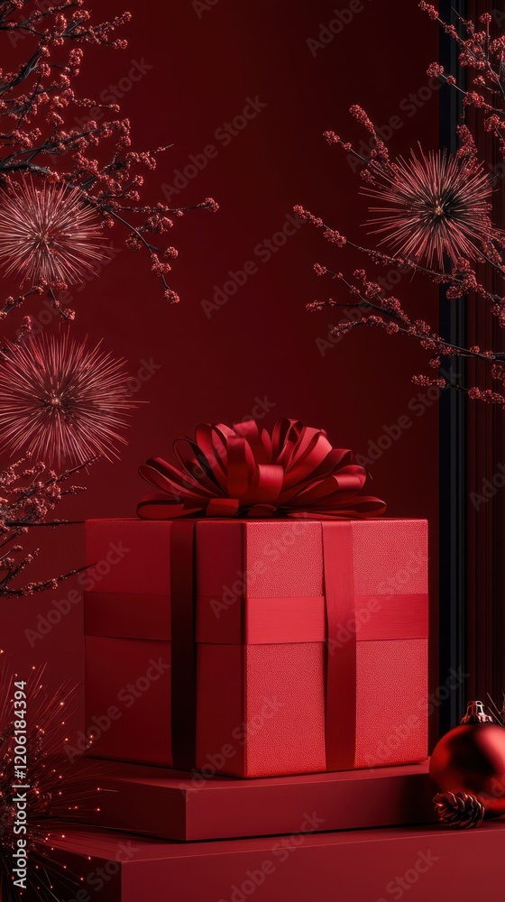 Red Gift Boxes with Fireworks Celebration, Festive Joyful Ambiance