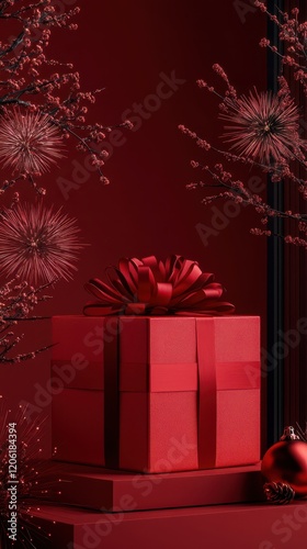 Red Gift Boxes with Fireworks Celebration, Festive Joyful Ambiance