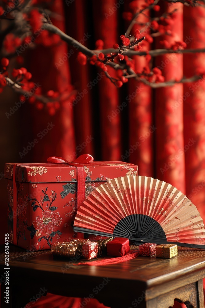Chinese Red Gift Boxes with Decorative Fans, Festive Arrangement