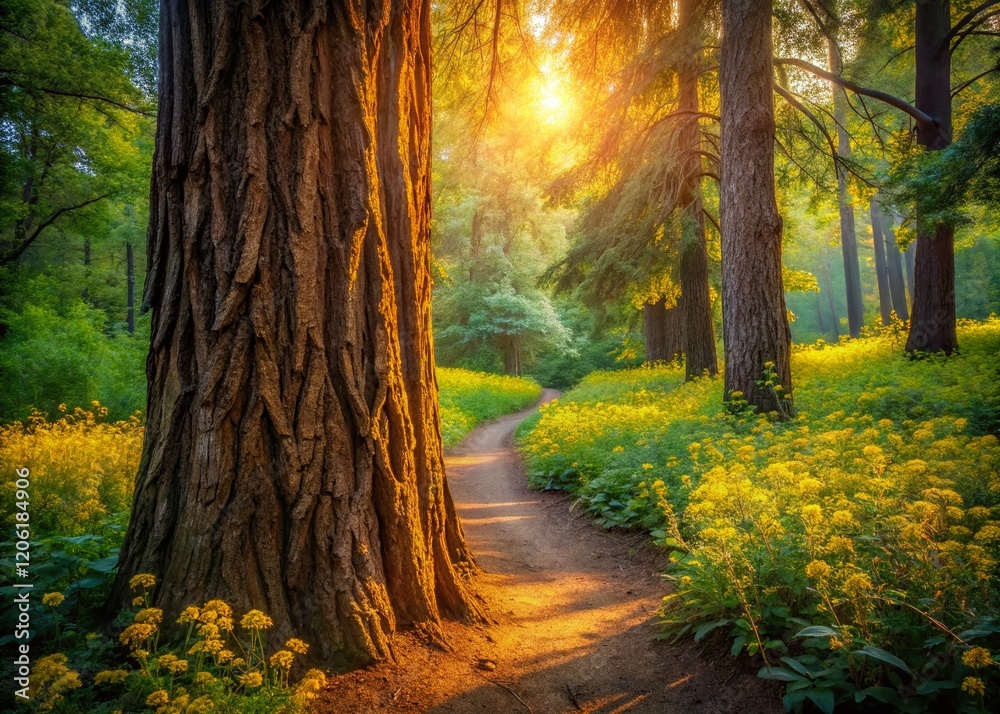 Fototapeta premium Majestic Crackled Tree Forest Path, Yellow Wildflowers, Lush Green Bushes, Spring Landscape