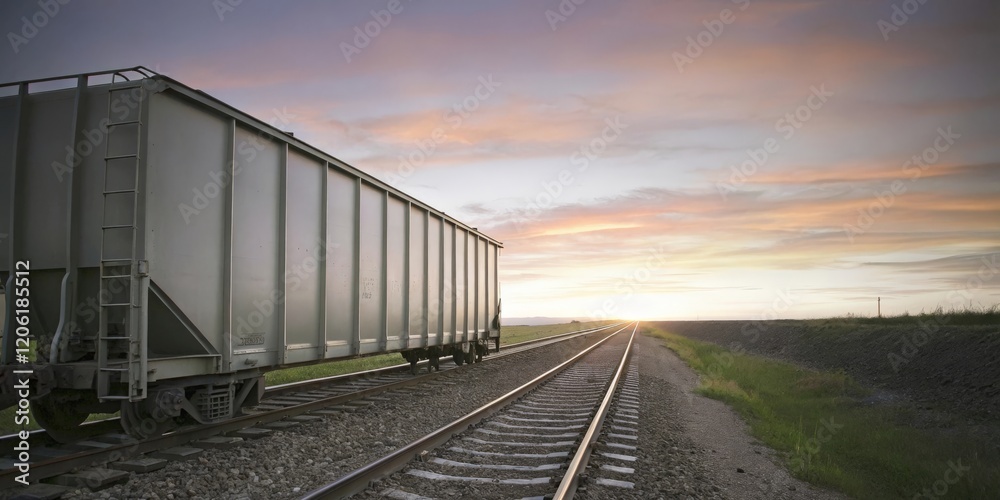 Fototapeta premium Freight train with wagons at sunset. Freight transportation.