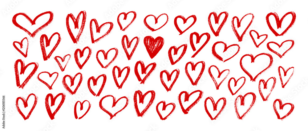 Set of red outline hearts, hand drawn with brush, marker in sweeping handwriting with sloppy intermittent edges in grunge style. Vector pattern on white isolated background. Set of red outline hearts, hand drawn with brush, marker in sweeping handwriting with sloppy intermittent edges in grunge style. Vector pattern on white isolated background.