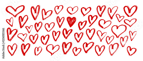 Set of red outline hearts, hand drawn with brush, marker in sweeping handwriting with sloppy intermittent edges in grunge style. Vector pattern on white isolated background.