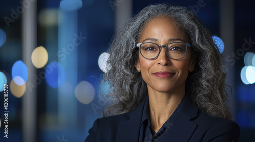 Professional woman with gray hair and glasses, smiling confidently in office setting