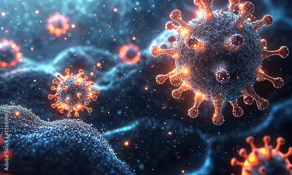 Magnified view of vibrant virus particles interacting with cells in a microscopic environment, showcasing intricate details Magnified view of vibrant virus particles interacting with cells in a microscopic environment, showcasing intricate details