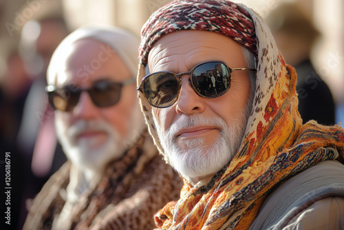Diverse religious leaders engaging in peaceful dialogue in a vibrant environment photo