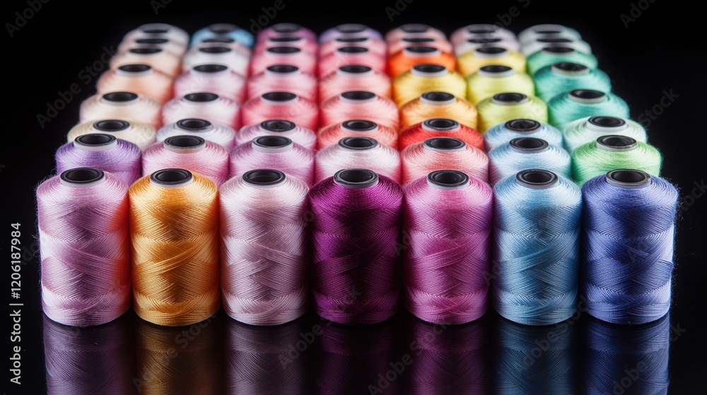 Colorful sewing thread spools arranged in a vibrant grid pattern Colorful sewing thread spools arranged in a vibrant grid pattern