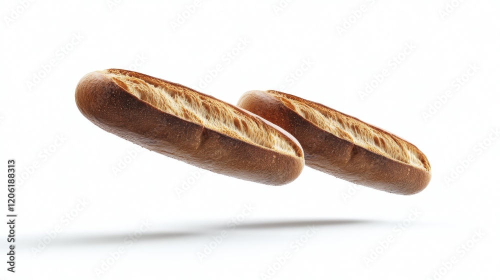 Two Floating Freshly Baked Bread Rolls on Light Background Two Floating Freshly Baked Bread Rolls on Light Background