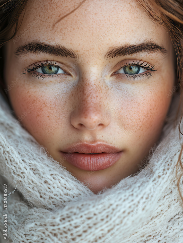 Captivating gaze of a young woman wrapped in a cozy scarf on a chilly day Captivating gaze of a young woman wrapped in a cozy scarf on a chilly day