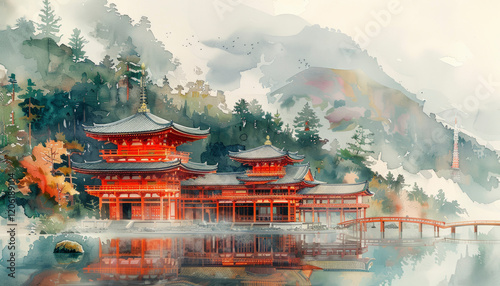 Japanese landscape watercolor. AI generative