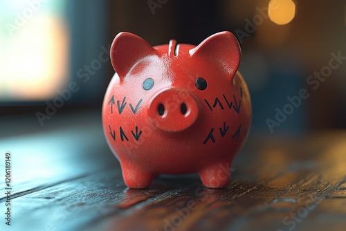 A red piggy bank sits atop a wooden table, perfect for storing coins or cash