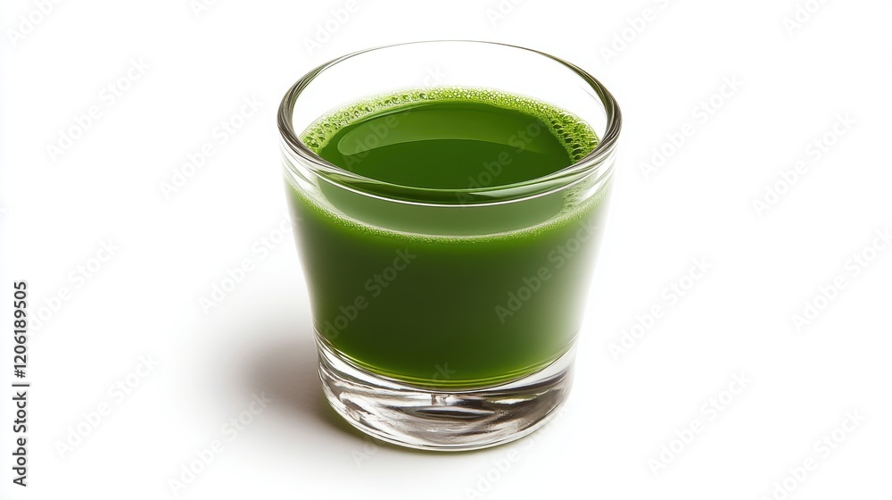 Fresh Green Juice in Glass with Reflection on White Surface Fresh Green Juice in Glass with Reflection on White Surface