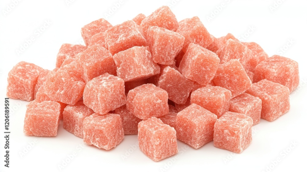 Raspberry flavored pink sugar cubes arranged on a white background Raspberry flavored pink sugar cubes arranged on a white background