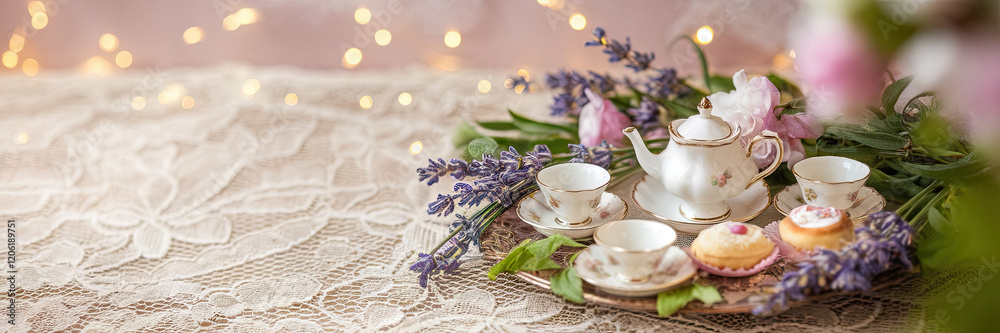 Fototapeta premium Elegant Tea Party Lavender Teacups Cakes Lace