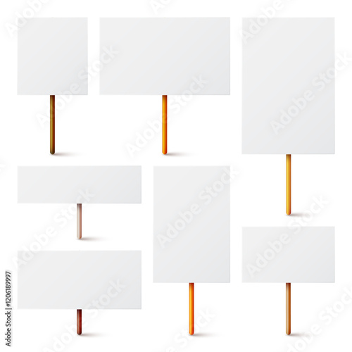 Blank white protest sign with wooden holder. Various realistic vector demonstration banners. Strike action cardboard placard mockup. Social advertisement. Vector illustration