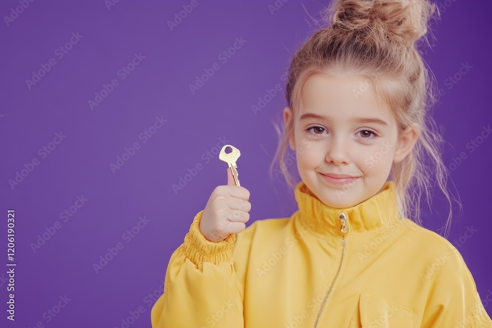 A young child holds a key while wearing a bright yellow jacket, suggesting a sense of security and optimism A young child holds a key while wearing a bright yellow jacket, suggesting a sense of security and optimism