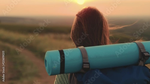 girl with backpack traveling at sunset, hiking person, lidi adventure nature, wandering the golden hour, journey through the fading day, the road less traveled at dusk, discovering new paths, new photo