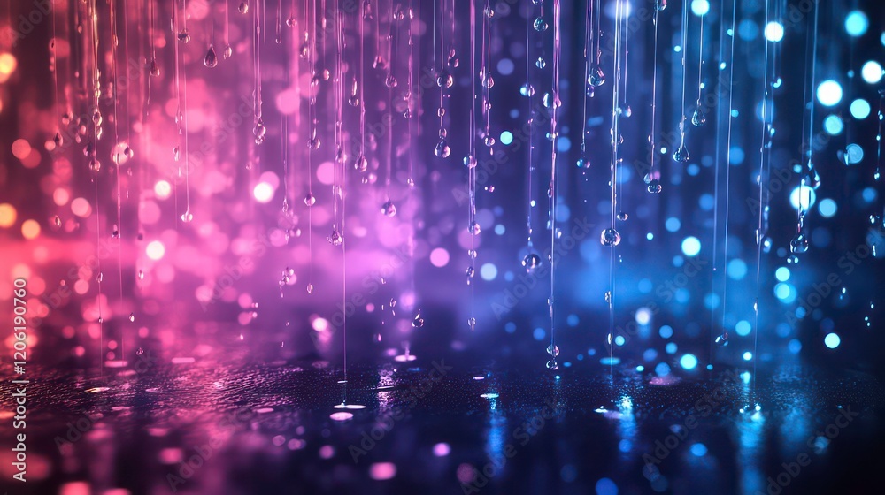 Abstract rain drops falling with vibrant pink and blue neon lights bokeh reflections on dark wet surface. Abstract rain drops falling with vibrant pink and blue neon lights bokeh reflections on dark wet surface.