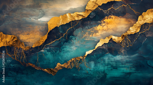Layered mountain background with blue and gold accents. Resin art background.	