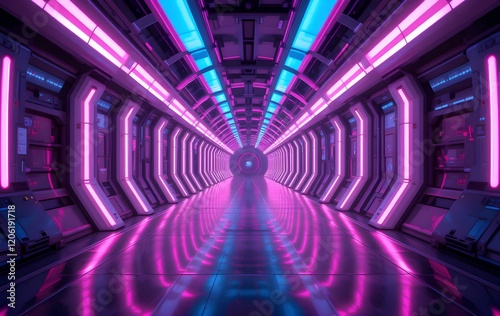 Futuristic neon tunnel, cyberpunk corridor, glowing pink and blue lights, reflective floor, symmetrical perspective, long hallway, sci-fi atmosphere, vibrant colors, high contrast, 