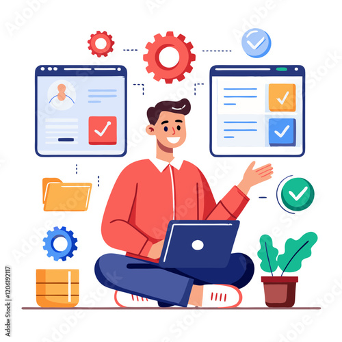 A software tester evaluates applications across multiple devices, enthusiastically interacting with user interface elements in a vibrant digital setting filled with gears and checkmarks