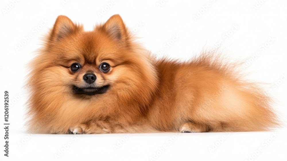 Fluffy Pomeranian Dog Lying on White Background with Playful Expression
