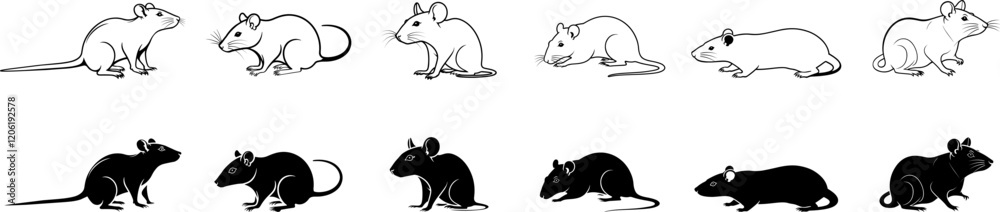 Fototapeta premium Set of Mouse Silhouette and line arts.