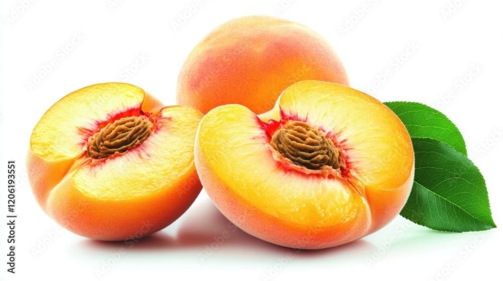 Fresh Sliced Peaches with Green Leaves on White Background Fresh Sliced Peaches with Green Leaves on White Background