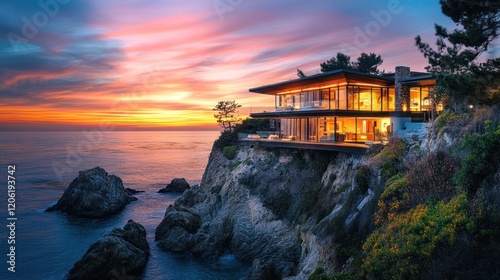 Coastal cliff house at sunset