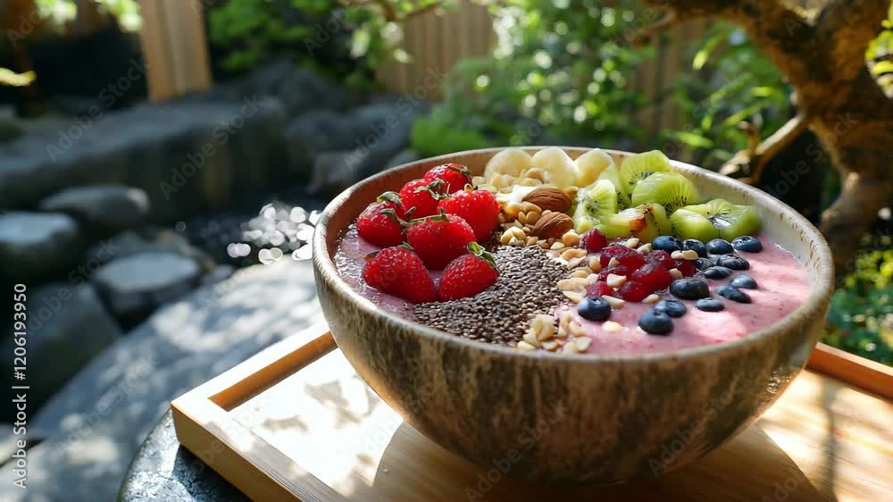 A vibrant smoothie bowl with fresh fruits like strawberries, bananas, kiwi, and blueberries in a serene garden